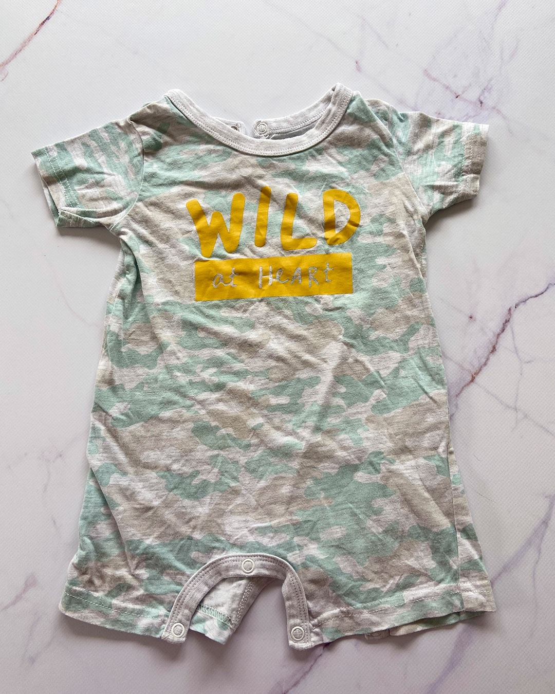 Woolies "Wild at Heart" camo romper - 6/12m