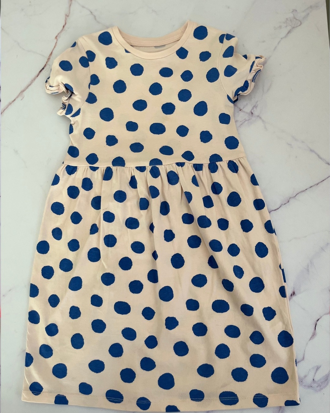 M&S beige dress with blue polka dots 6/7Y