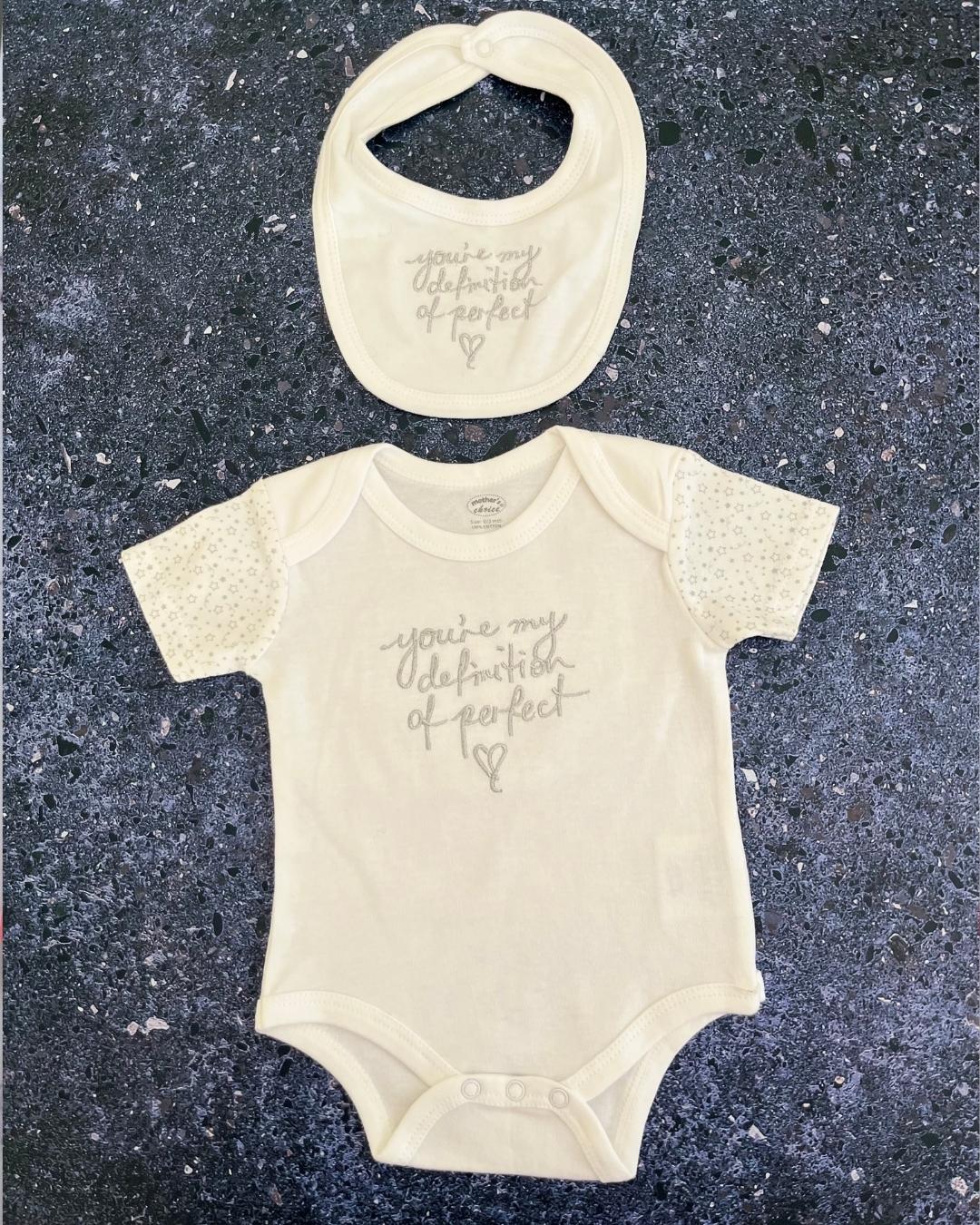Mothers Choice white 'You're my definition of perfect' baby grow and matching bib 0/3M