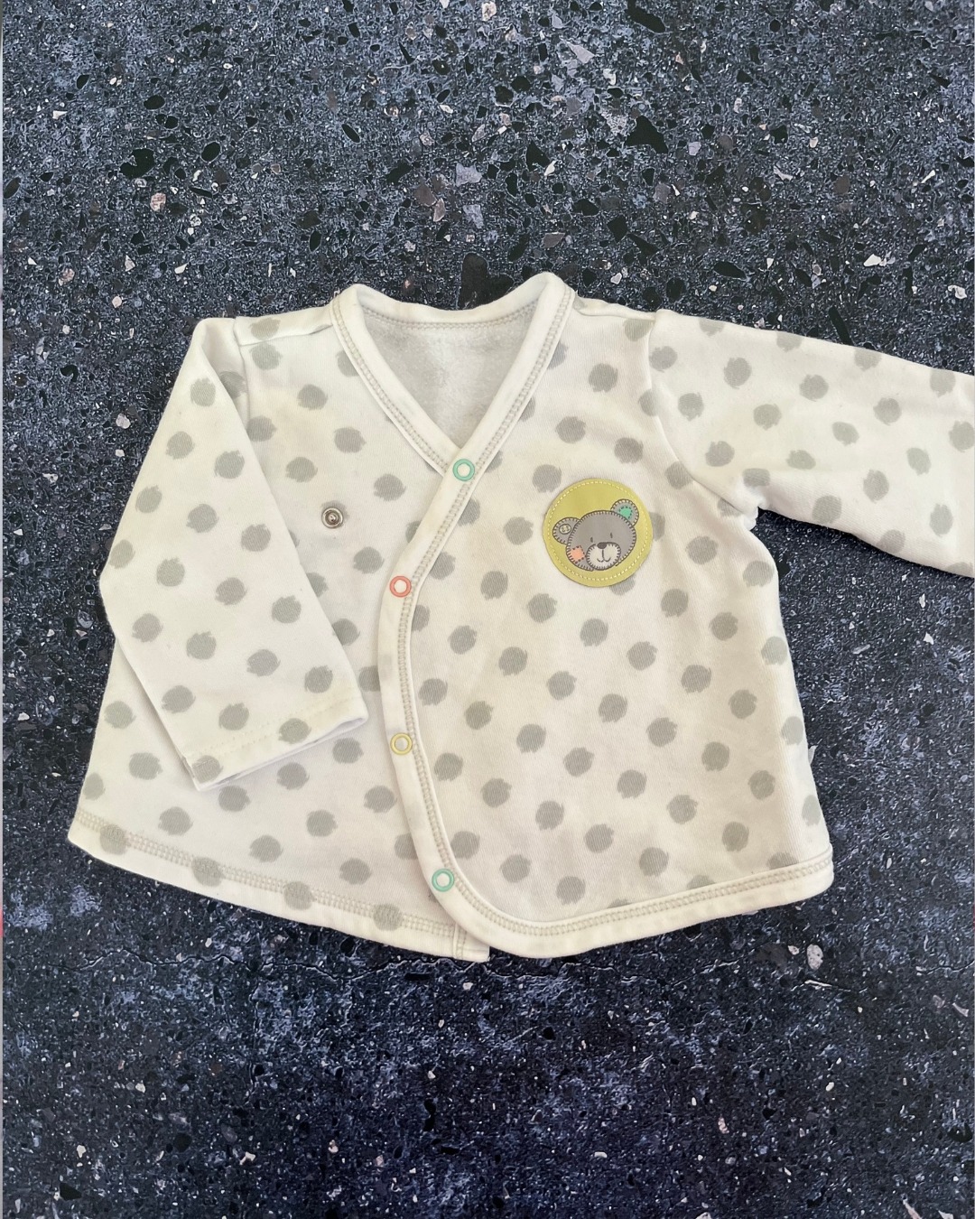 Woolworths white cardigan with grey polka dots 3/6M