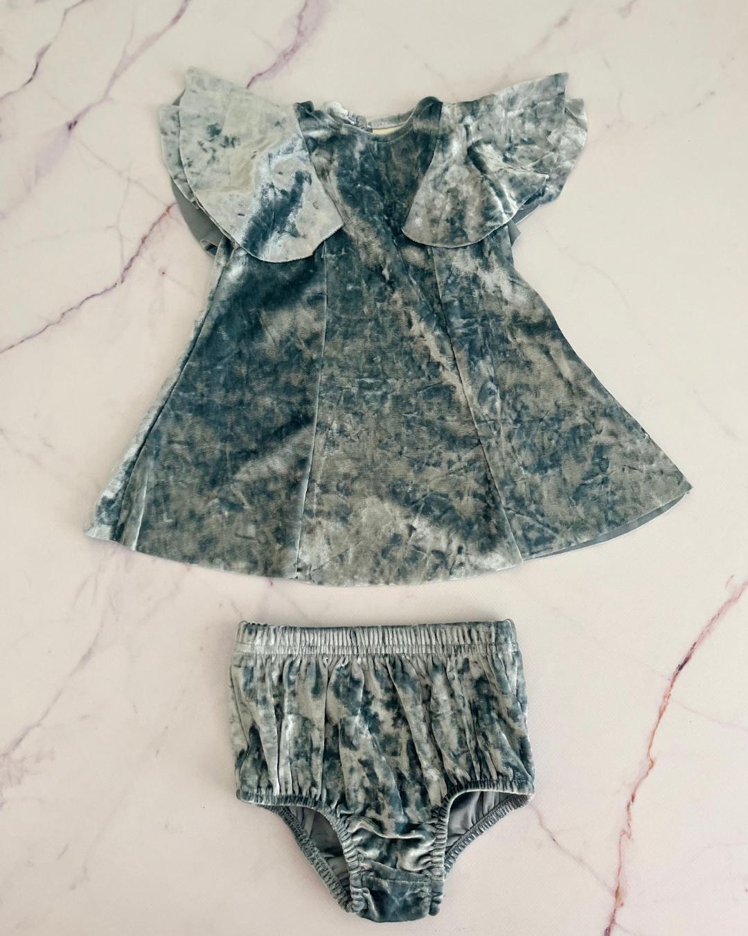 First Impressions turquoise suede dress and matching bloomer 3/6M