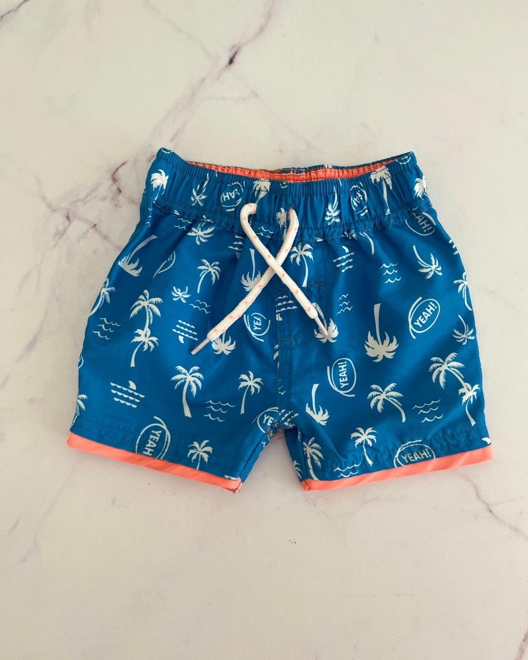 Woolworths blue palm tree boardshorts with orange trim 1/3M
