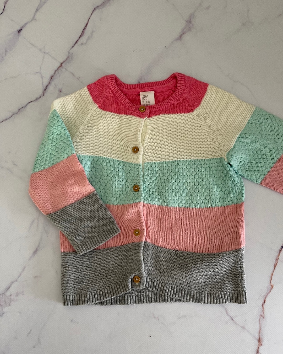 H&M pink, green and beige knitted cardigan 12/18M