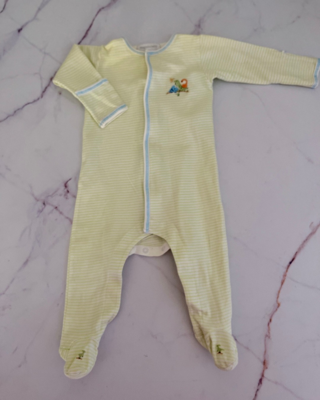 Magnolia green striped dinosaur baby grow 3M