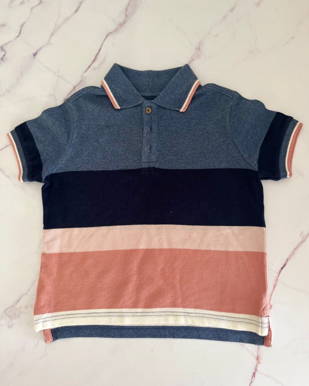 Woolworths blue and peach striped golfer 6Y