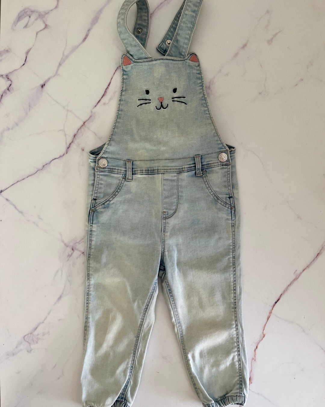 H&M blue denim kitty dungarees 12/18M
