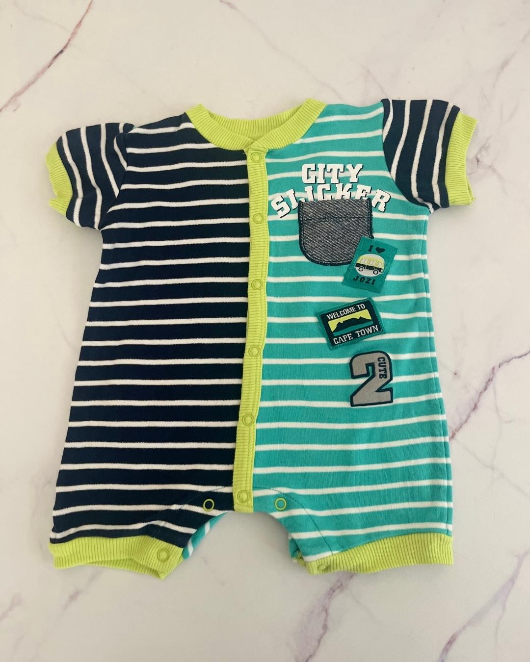 Woolworths green and blue striped City Slickers romper 3/6M