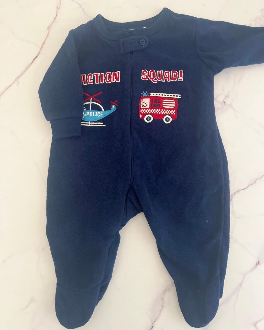 Early Days fleece blue Action Squad onesie 0/6M