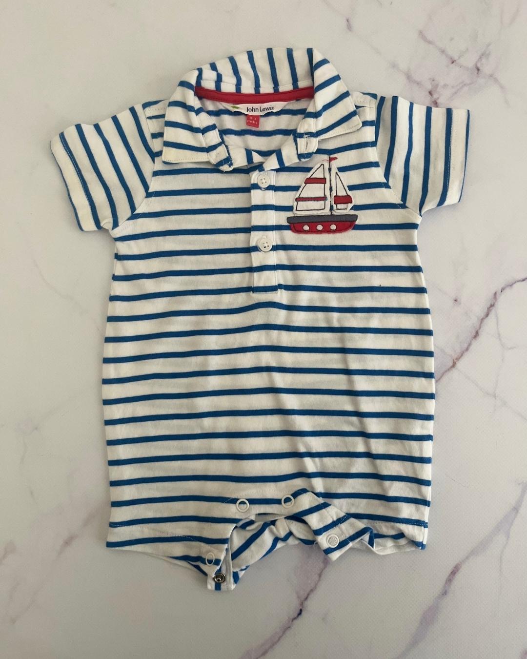 John Lewis blue and white striped boat romper 0/3M