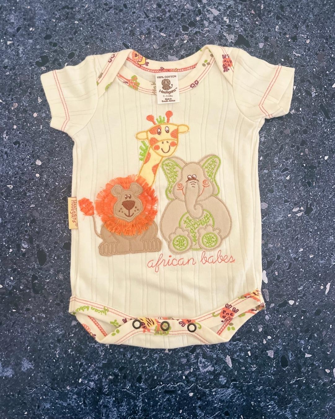 Hooligans beige embroidered African animals baby grow 0/3M