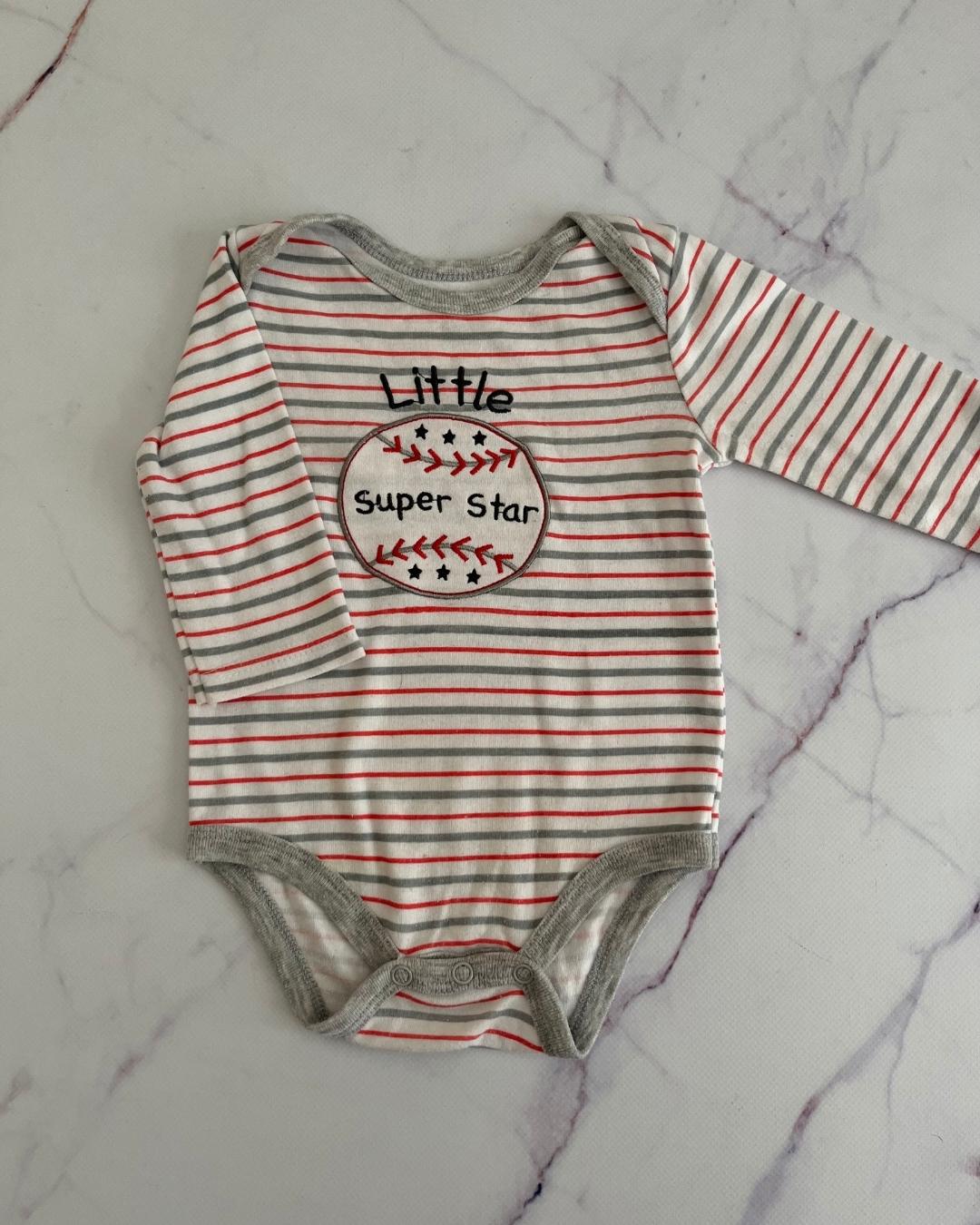Mothers Choice red and grey striped 'Little Super Star' baby grow 6/9M
