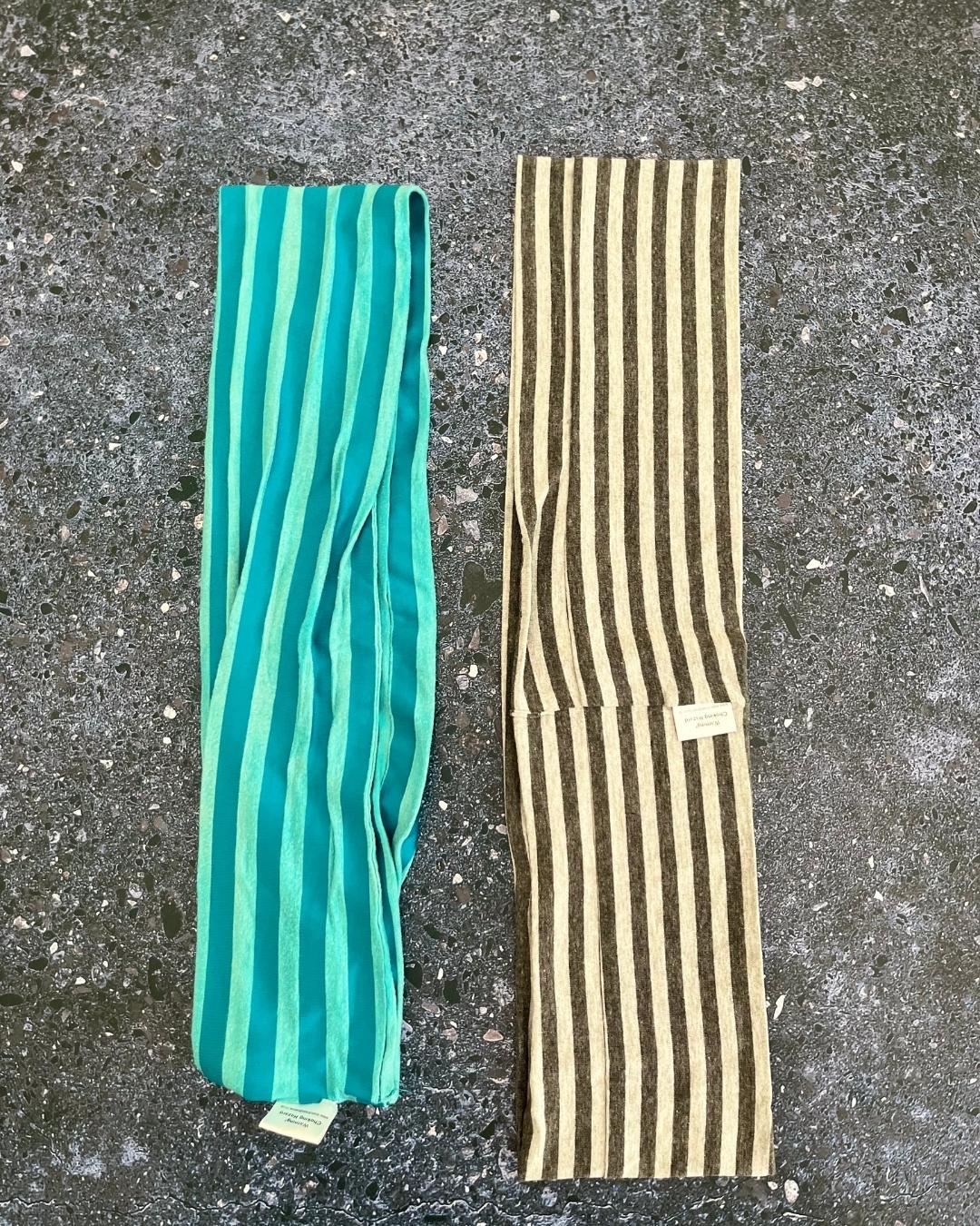 Mamma & Nanna striped baby scarves in grey and turquoise