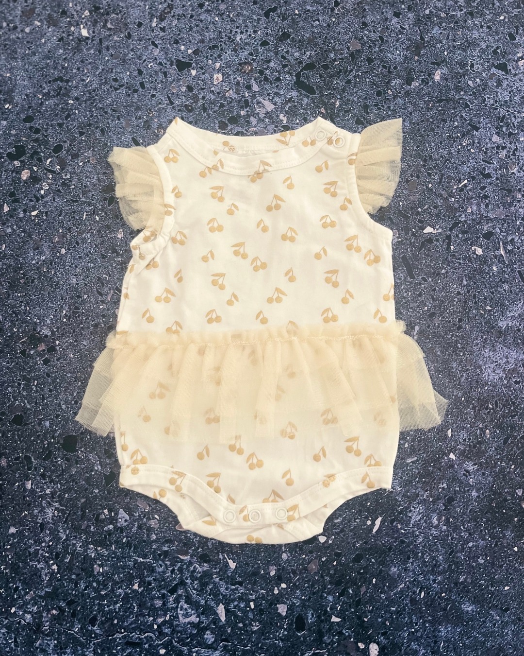 Cotton On white baby grow with gold cherries 0/3M