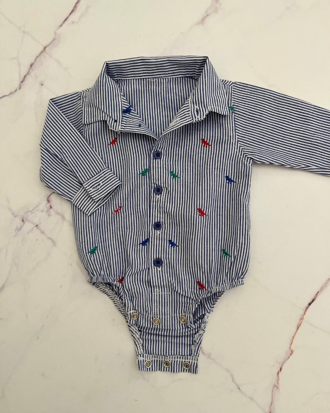 Blue and white striped collared dinosaur baby grow 0/3M