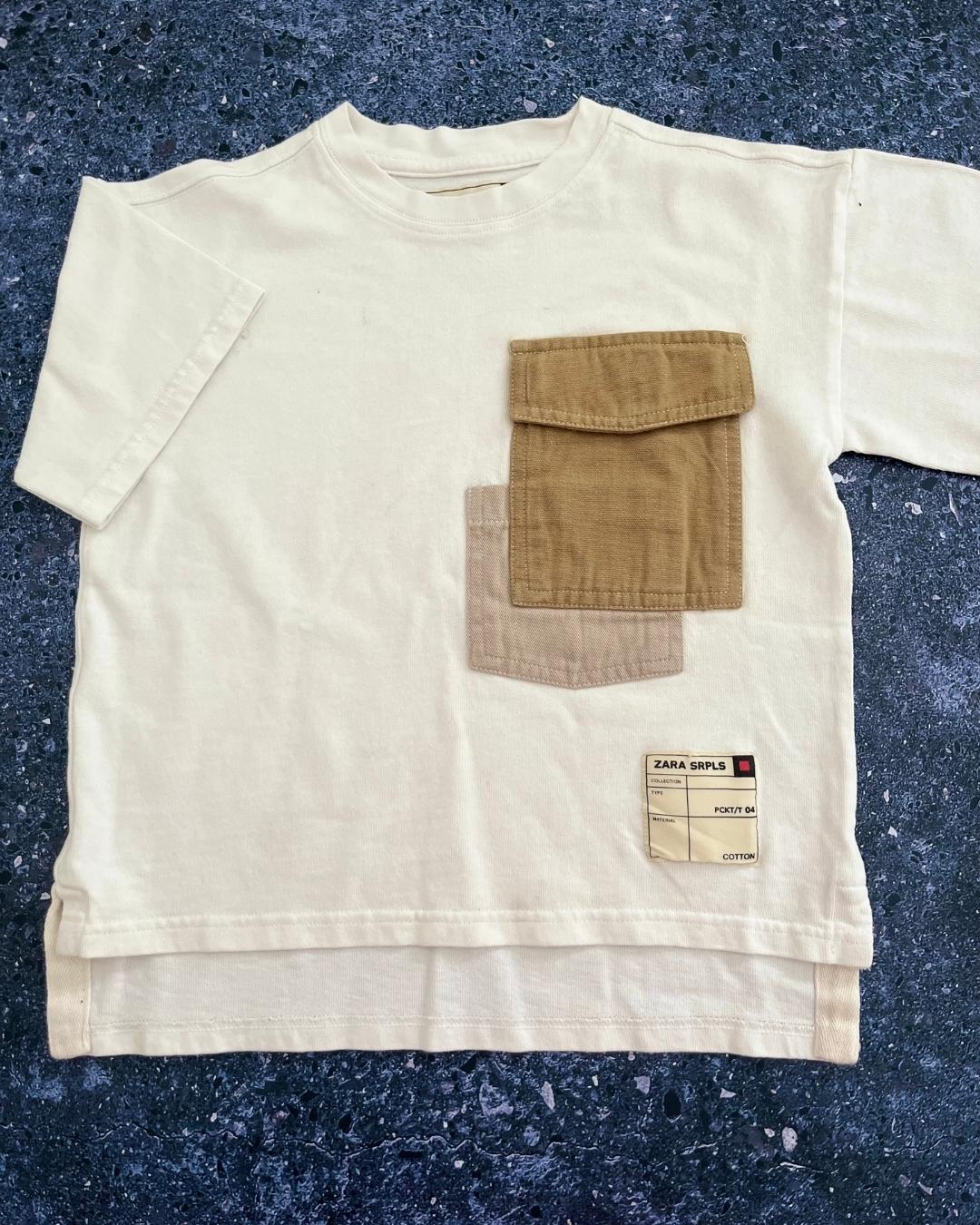 Zara white T shirt with brown pockets 4/5Y