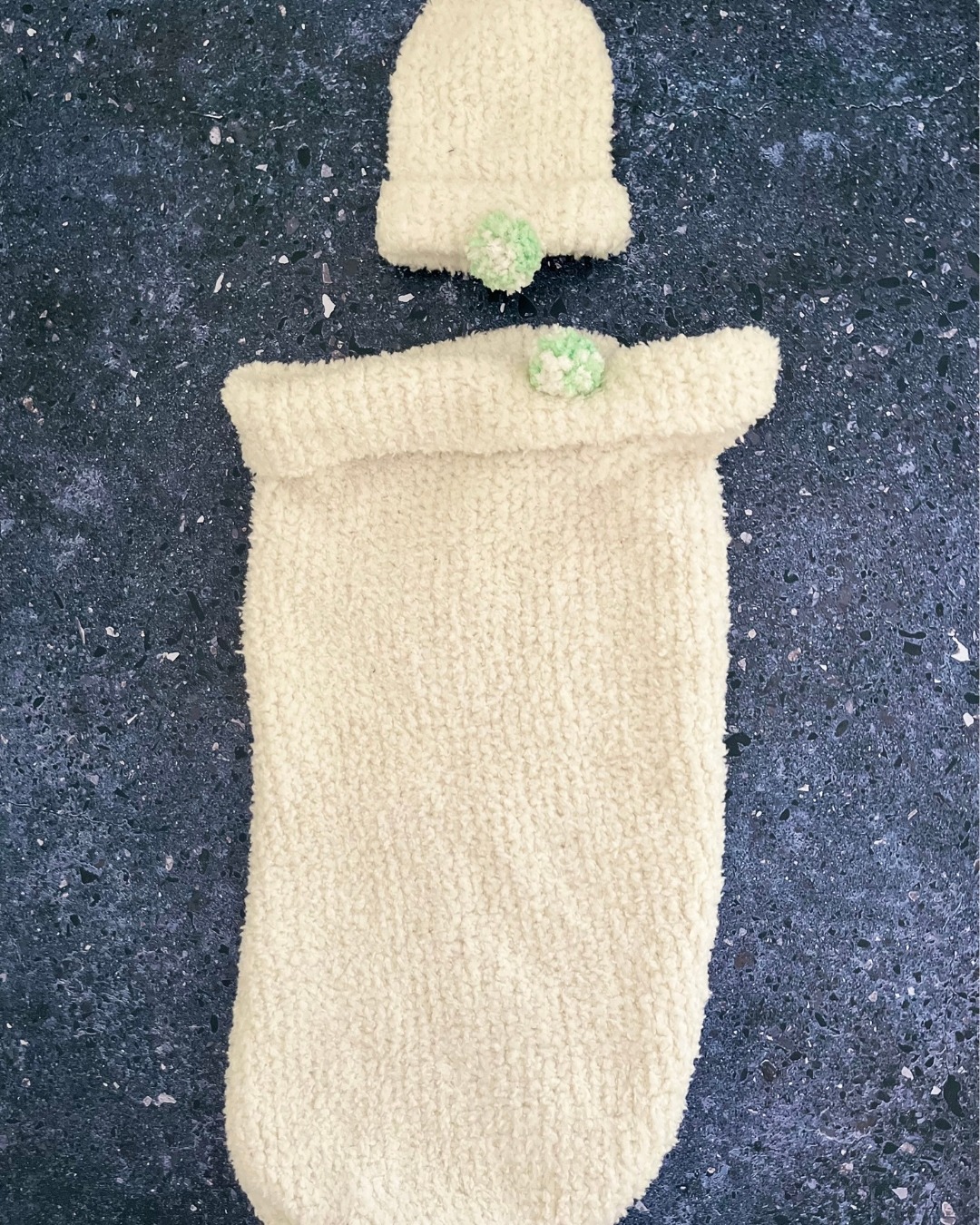 Handmade white fleece sleepsack and beanie