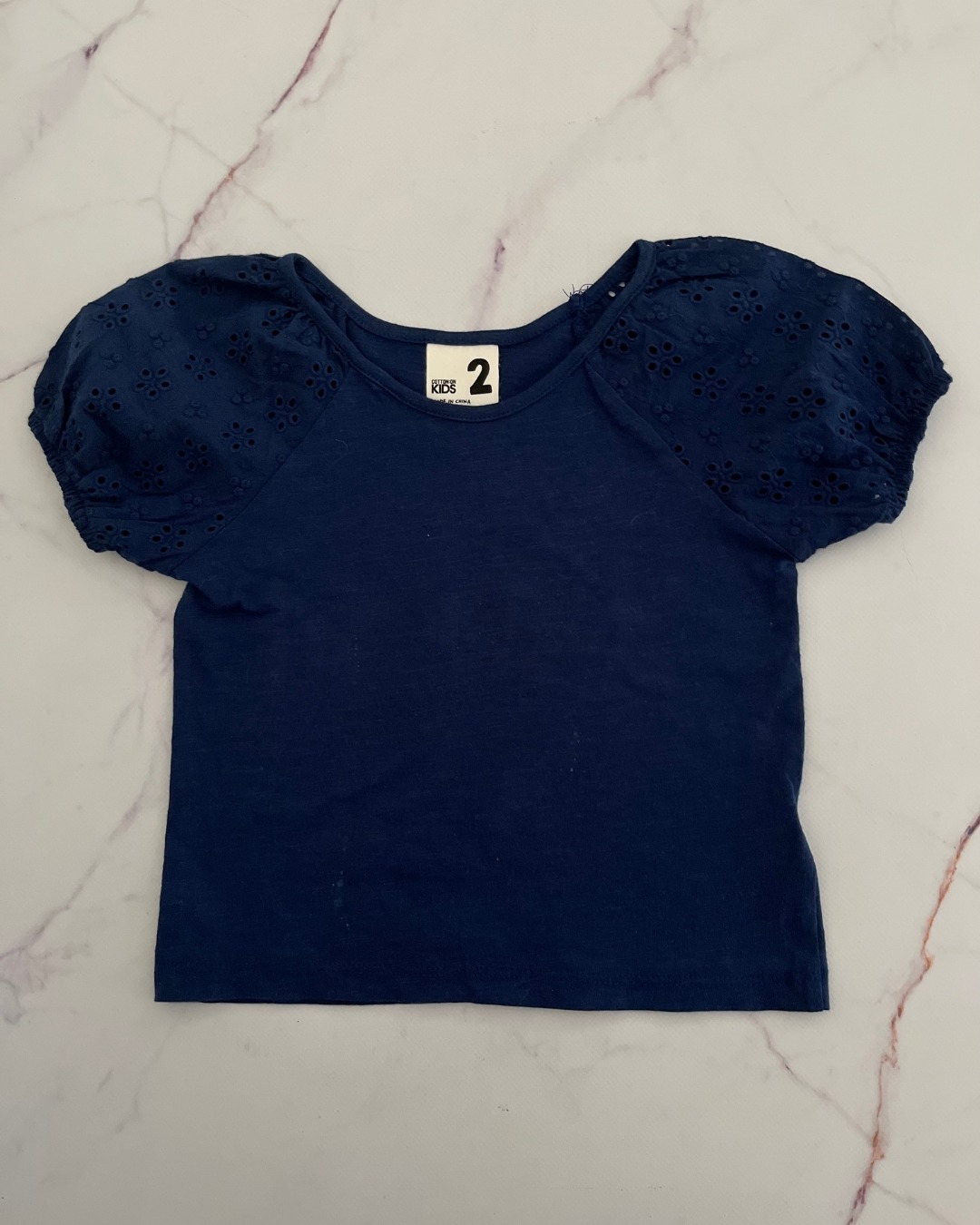Cotton On blue top with lace shoulders 2Y