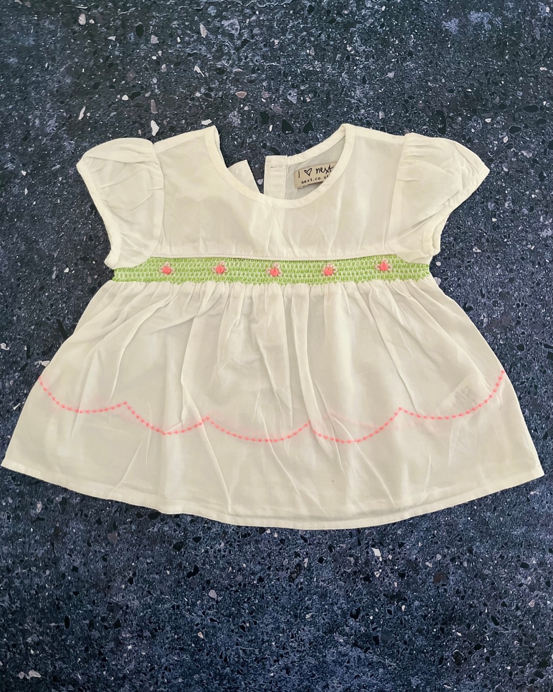 Next white dress with green and pink embroidery 12/18M