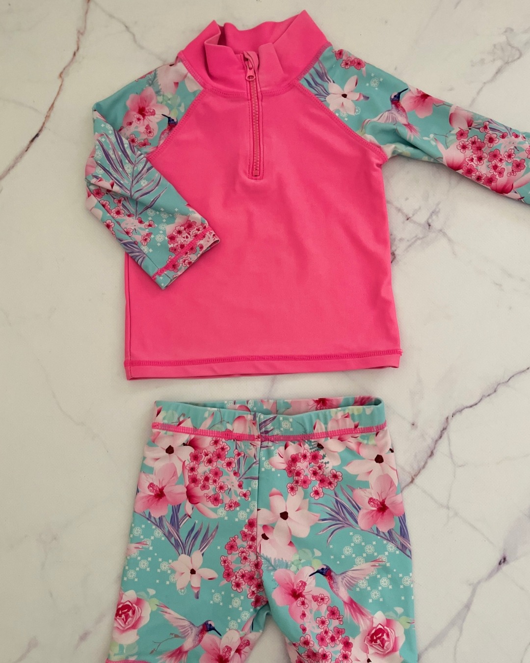 Minotti pink and turquoise flower swimming costume set 18M