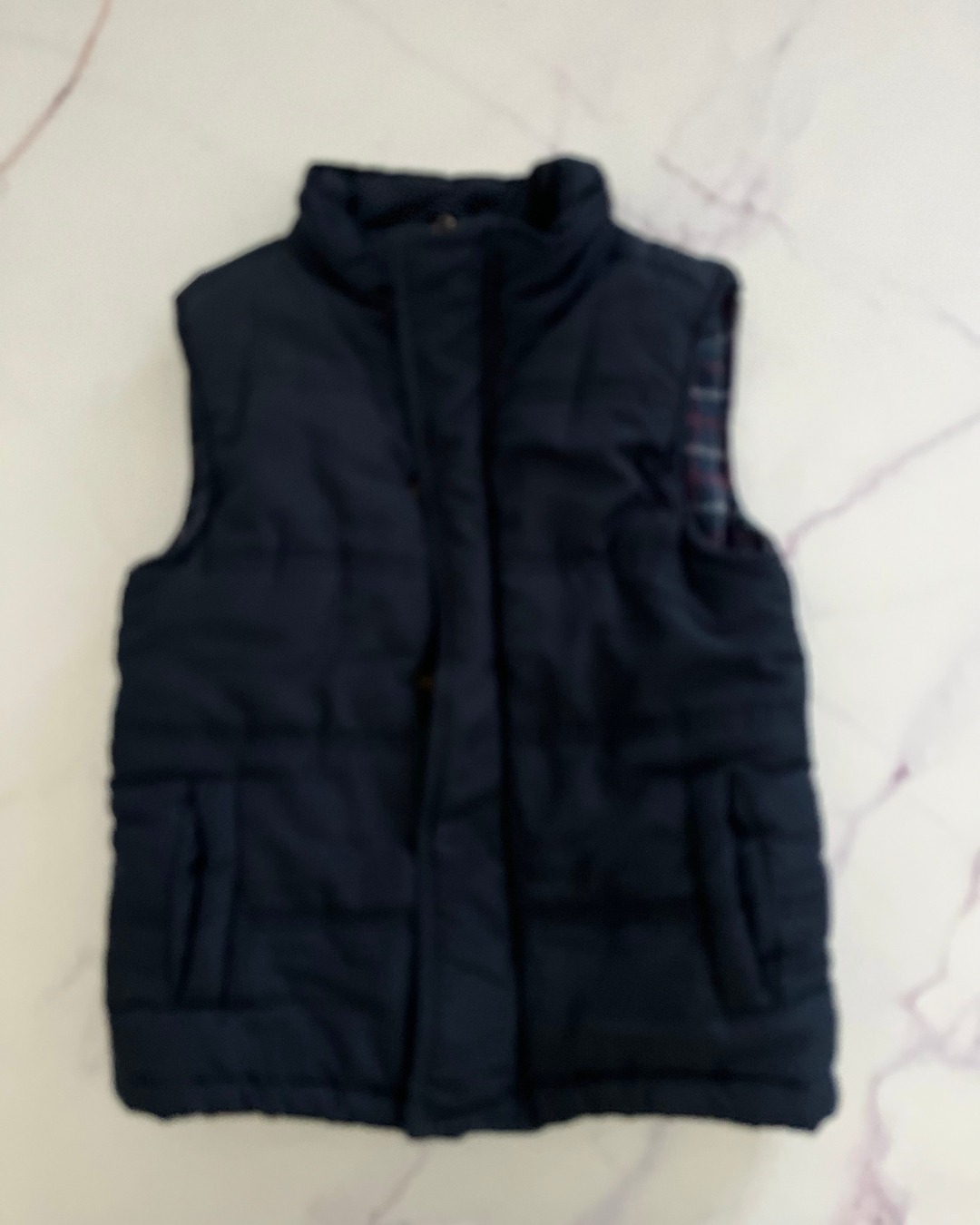 Cherokee blue sleeveless jacket with tartan inner 5/6Y