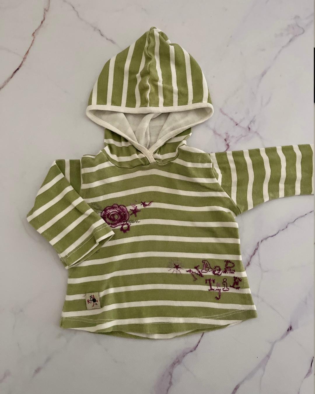 Naartjie green and white striped hooded T shirt 3/6M