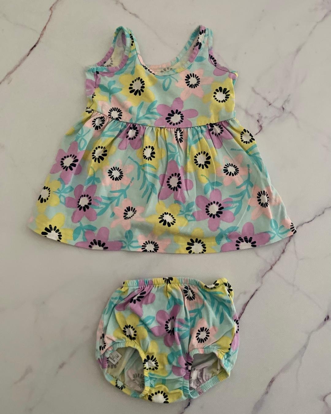 Woolworths turquoise flower dress and bloomer 1/3M