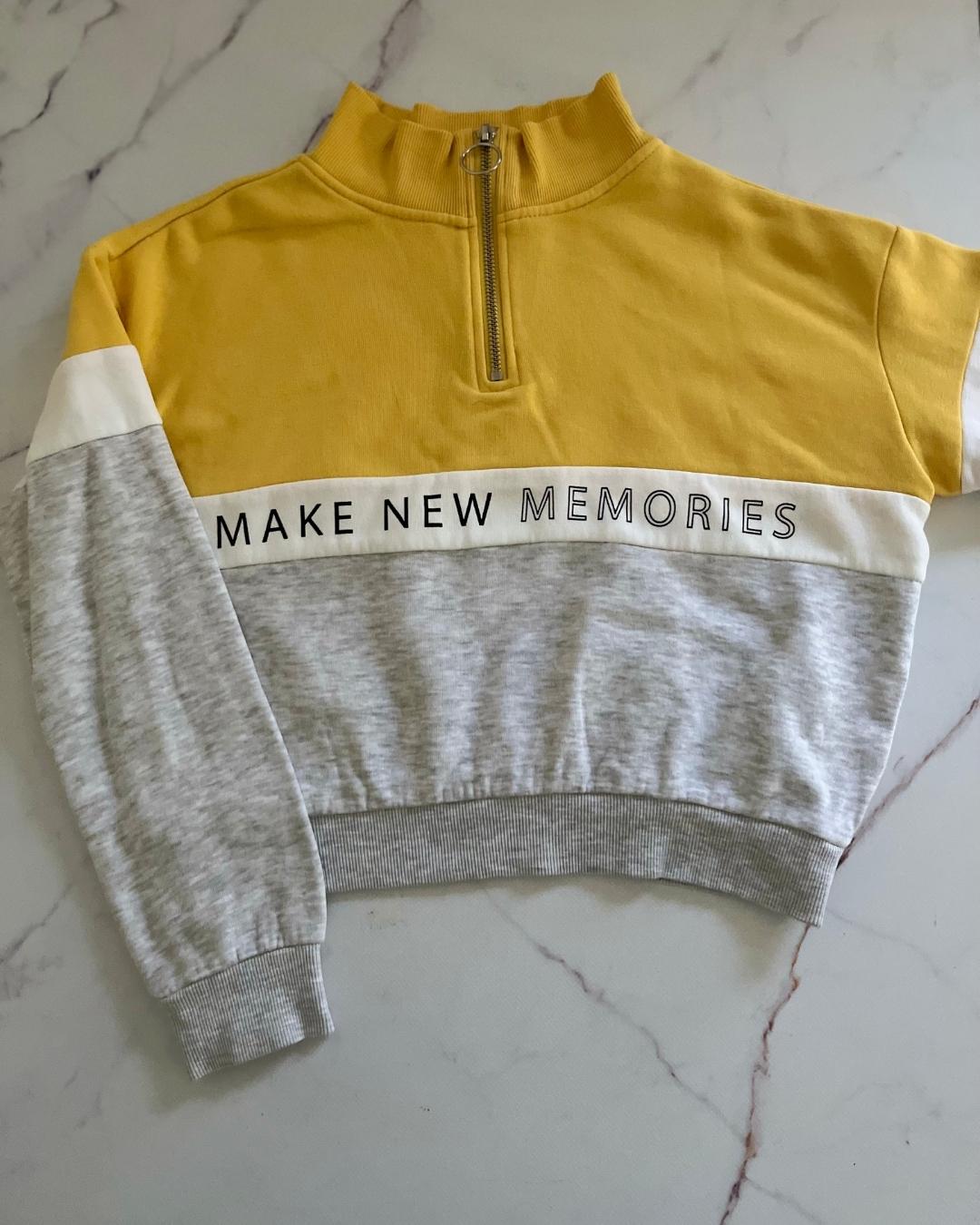 H&M yellow and grey crop top Make New Memories sweater 8/10Y