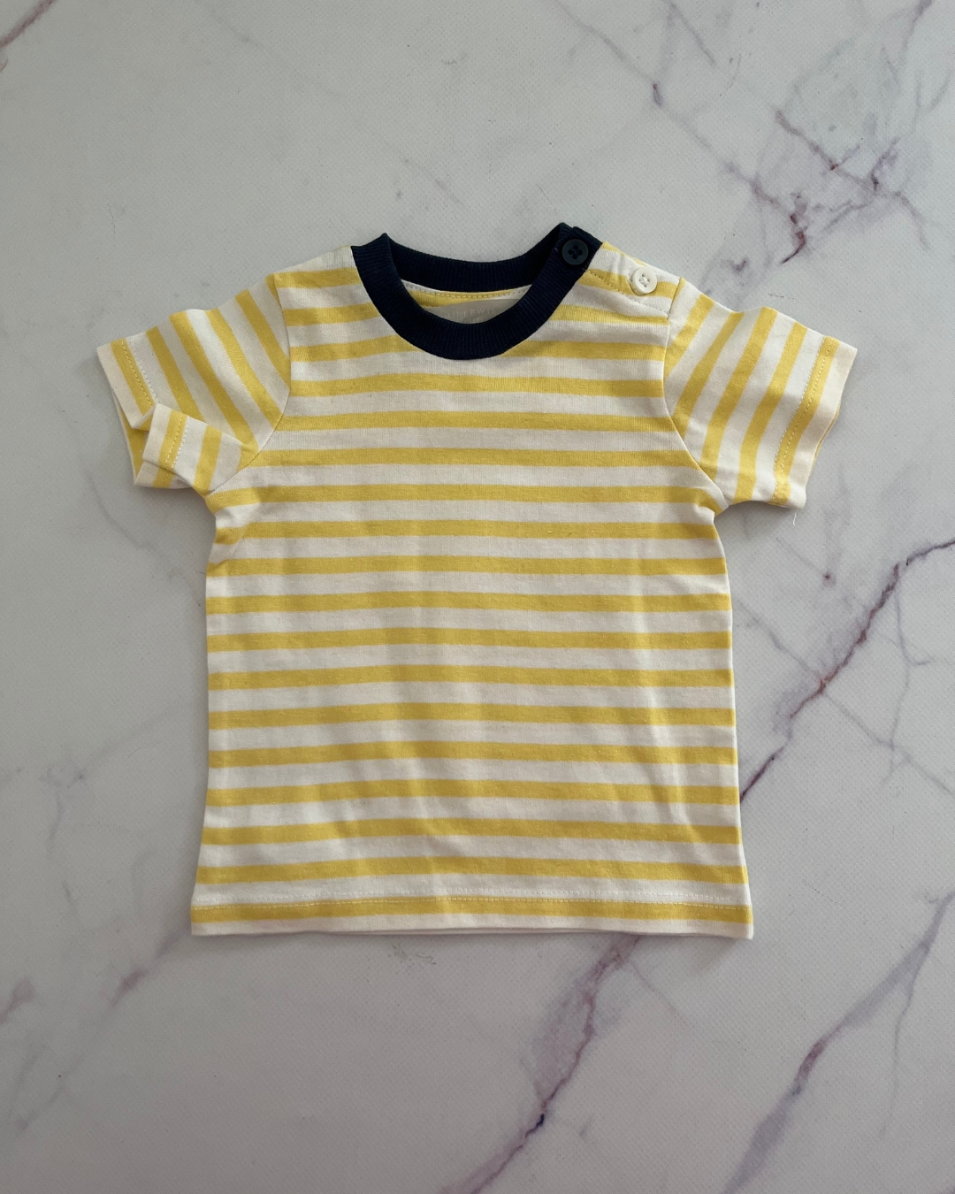 John Lewis yellow and white striped T shirt 0/3M