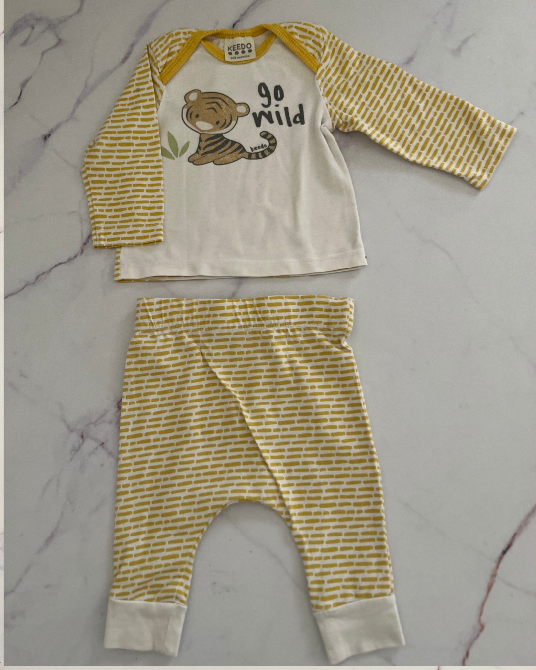 Keedo yellow and white go wild pajama set 0/3M