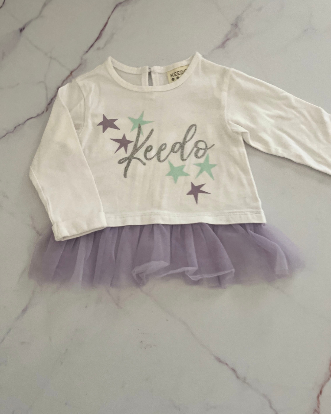 Keedo white star dress with purple tulle skirt 3/6M