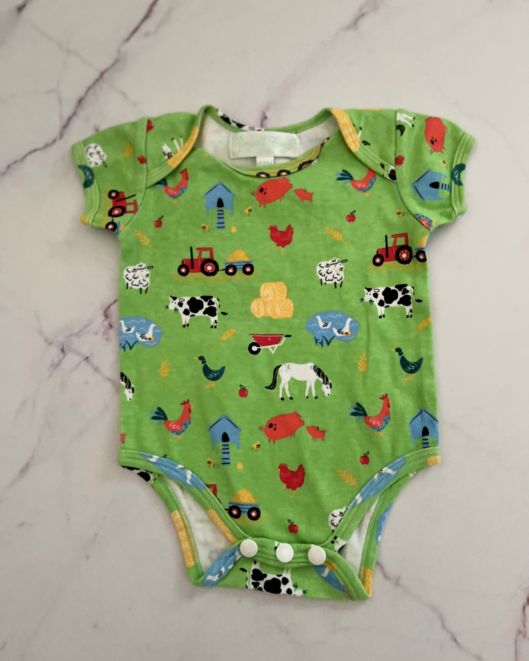 Powell Craft green farm animals baby grow 0/6M