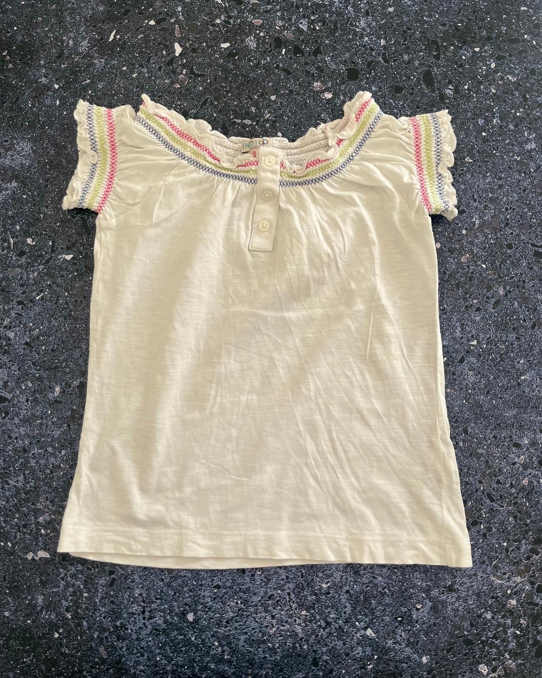 M&S Indigo white dress with green,pink and blue stitching 2/3Y