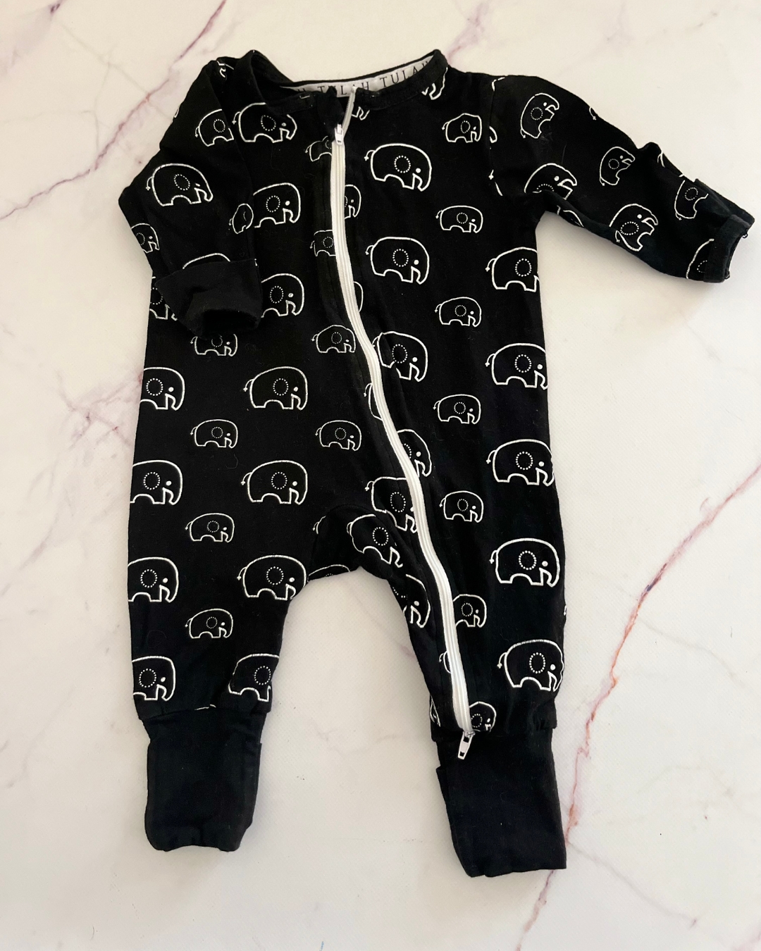 Tulah black elephant onesie 6/9M