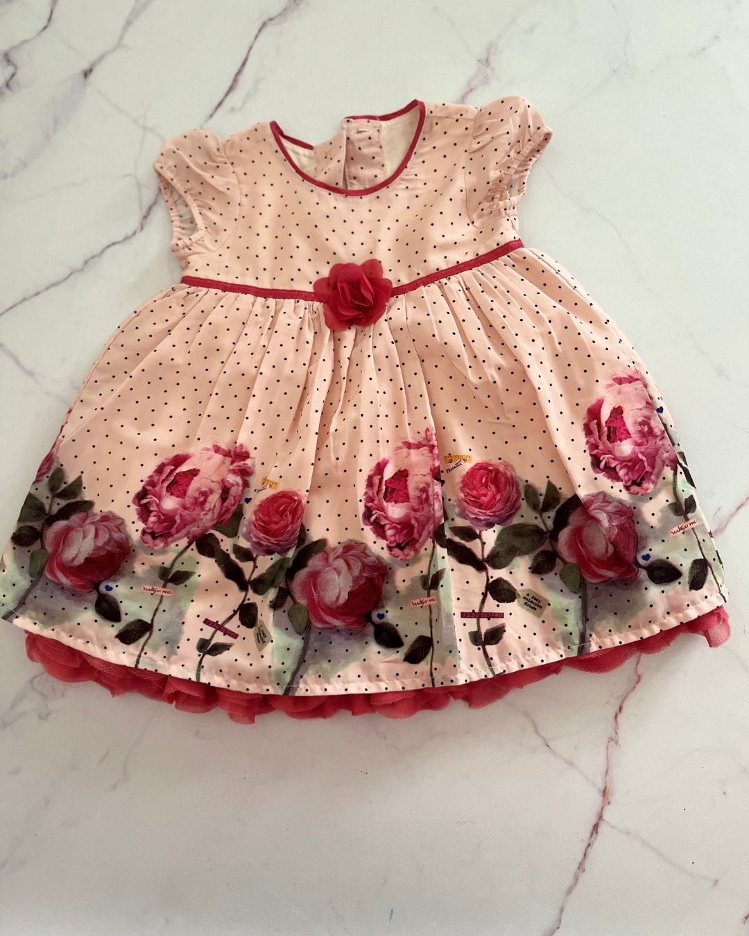 M&S peach polka floral dress with tulle underlay 3/6M