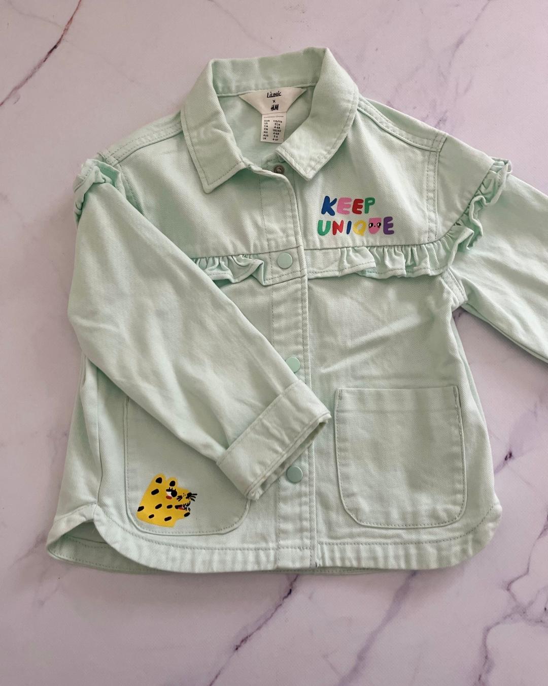 H&M light green 'Keep Unique' denim jacket 4/6Y