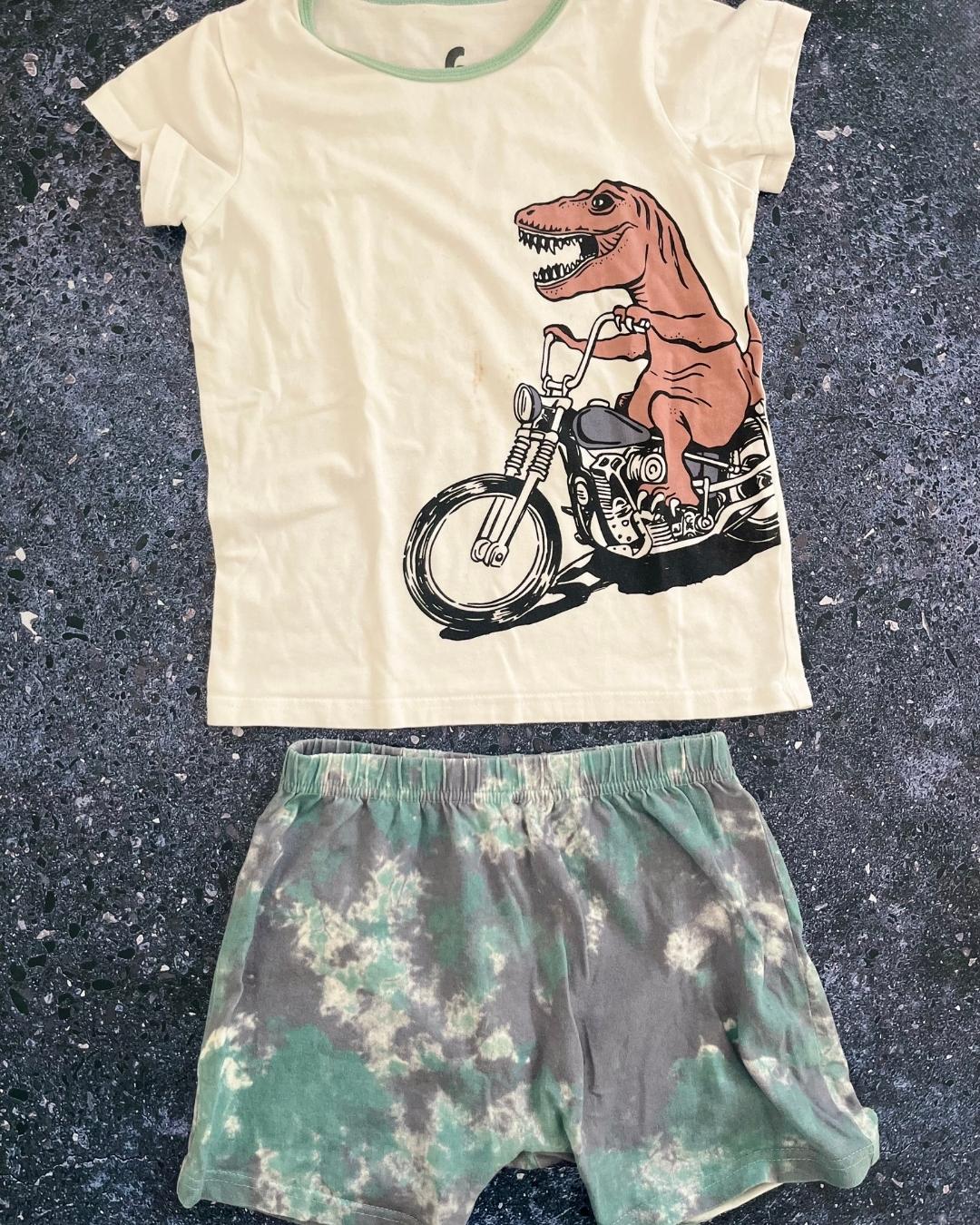 Cotton On white and camo dino motorcycle pajama set 6Y