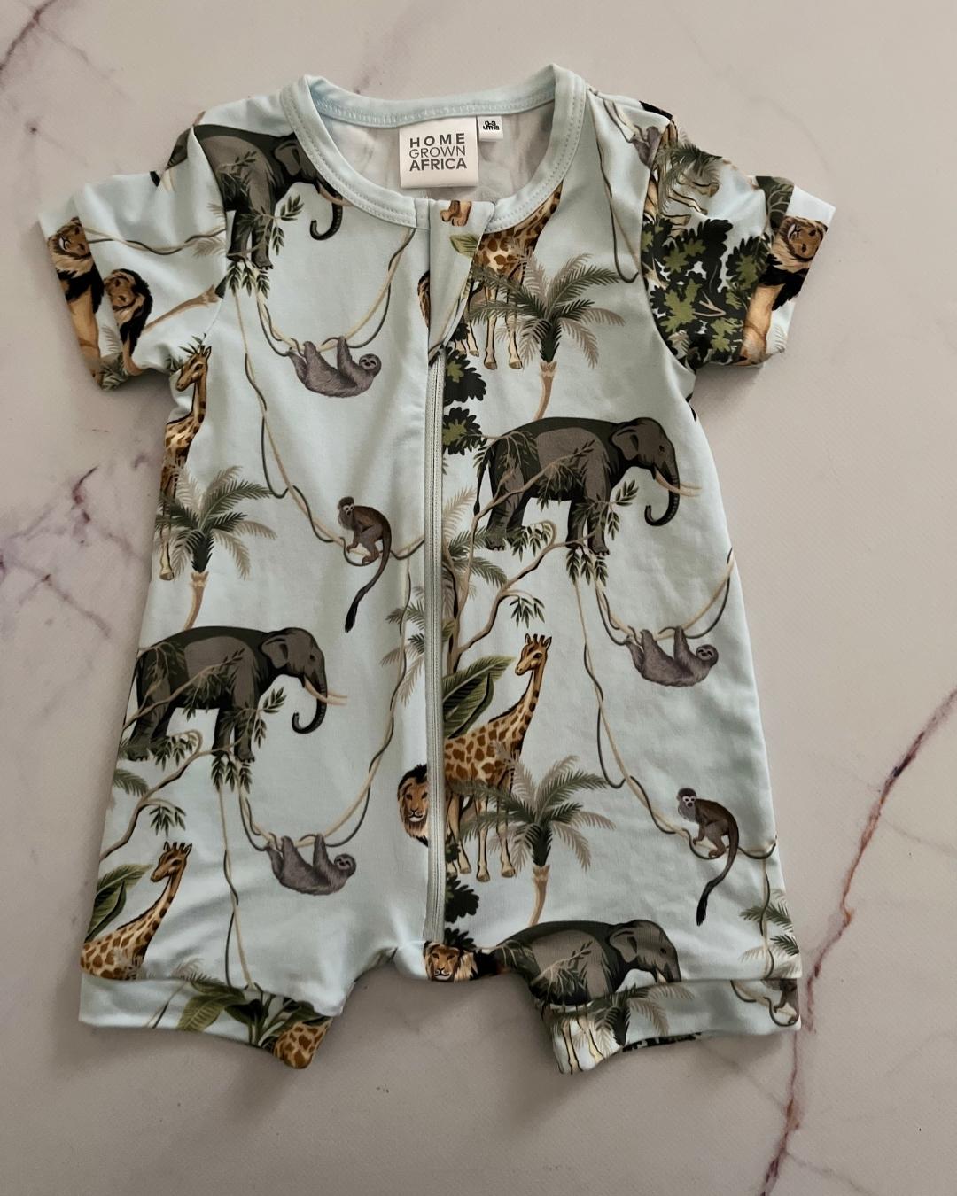 *NEW* Home Grown Africa light blue wild animal romper 0/3M