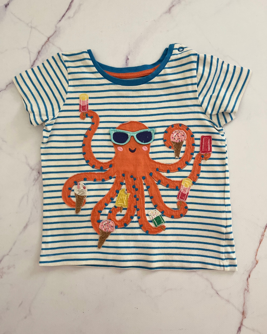 Baby Boden blue and white striped octopus T shirt 2/3Y