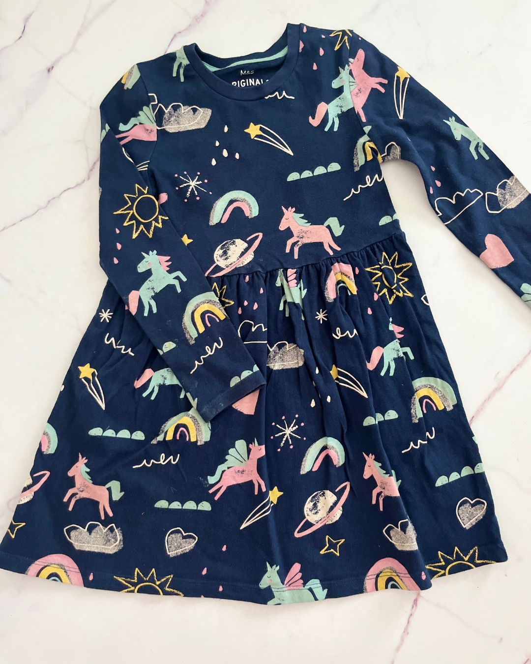 M&S blue unicorn dress 4/5Y