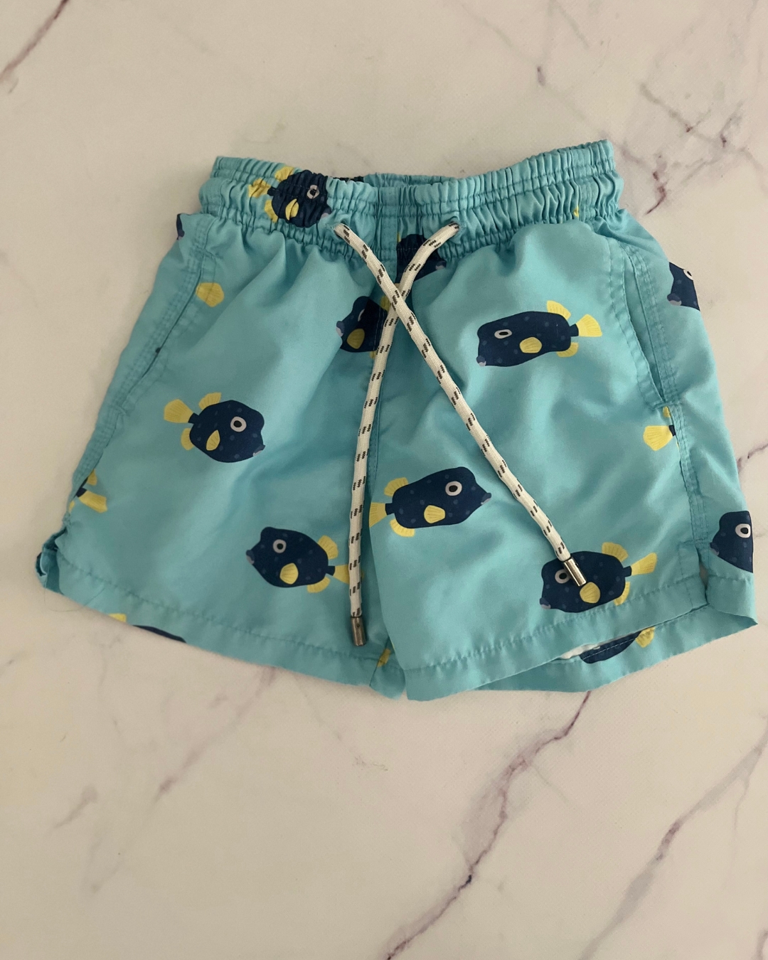 Classic blue puffer fish board shorts 7/8Y