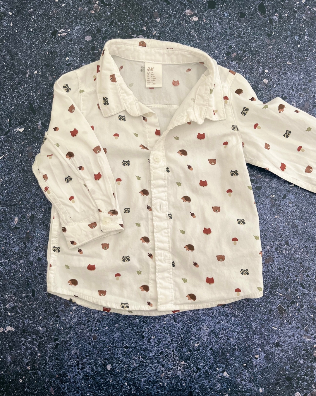 H&M white forest creatures collared shirt 6/9M