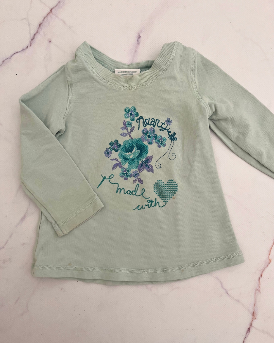 Naartjie green Made with Love long sleeve T shirt 12/18M