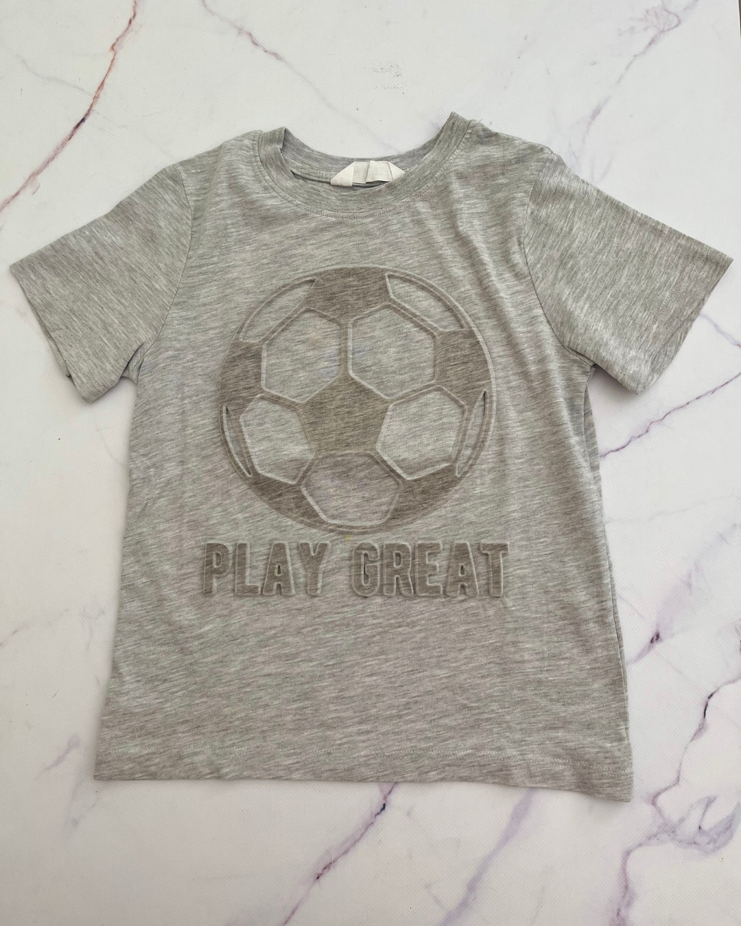 H&M grey Play Great soccer T shirt 7/8Y
