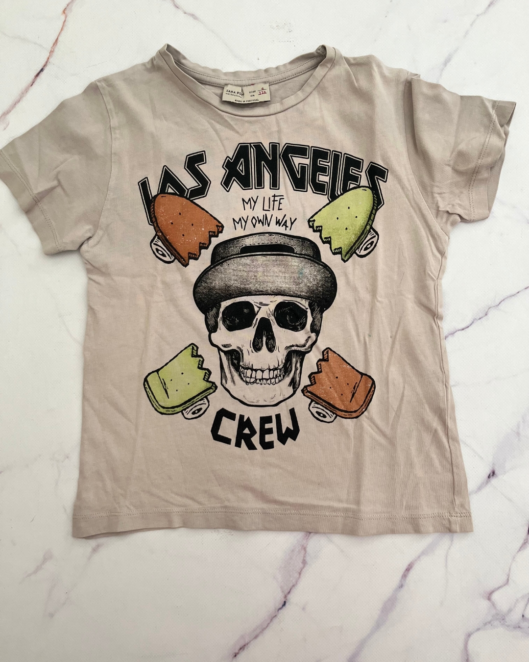 Zara beige Los Angeles Crew T shirt 6Y