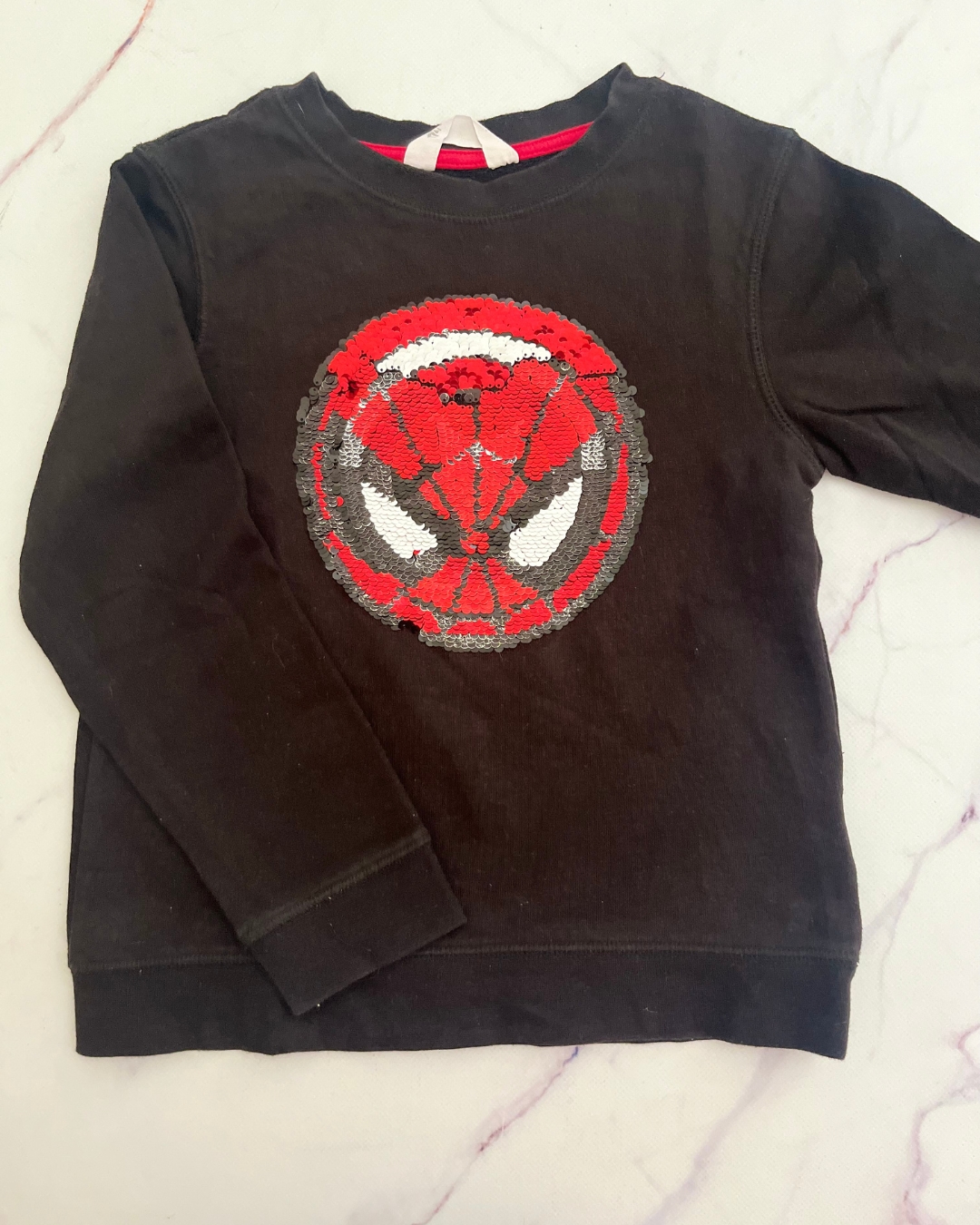 H&M black sequin Spiderman/Captain America sweater 7/8Y