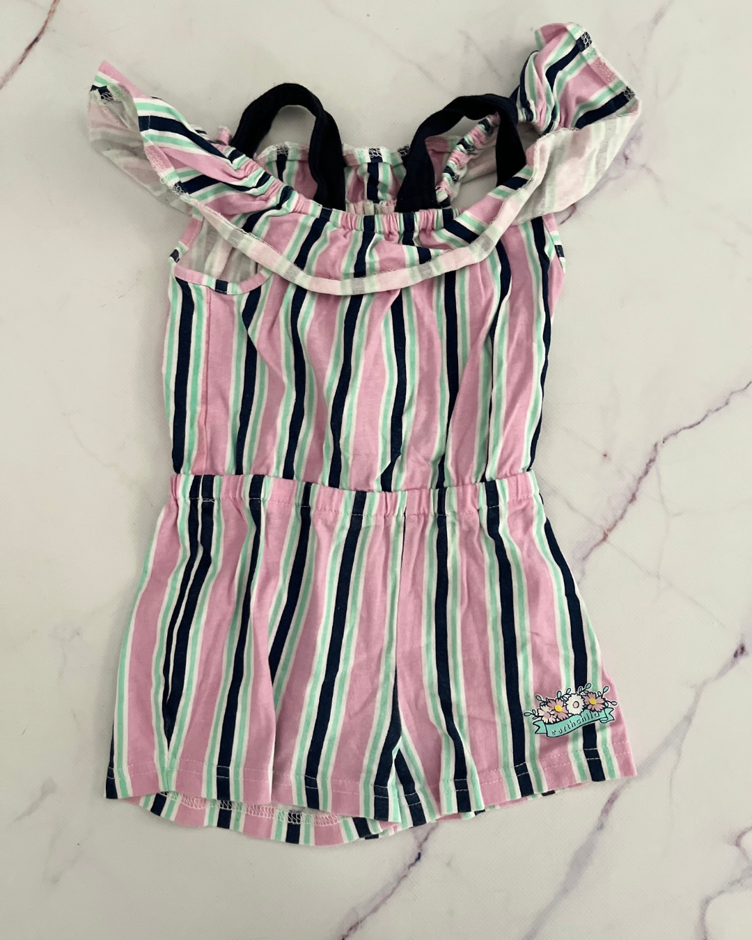 Earth Child pink, blue and green striped romper 2/3Y