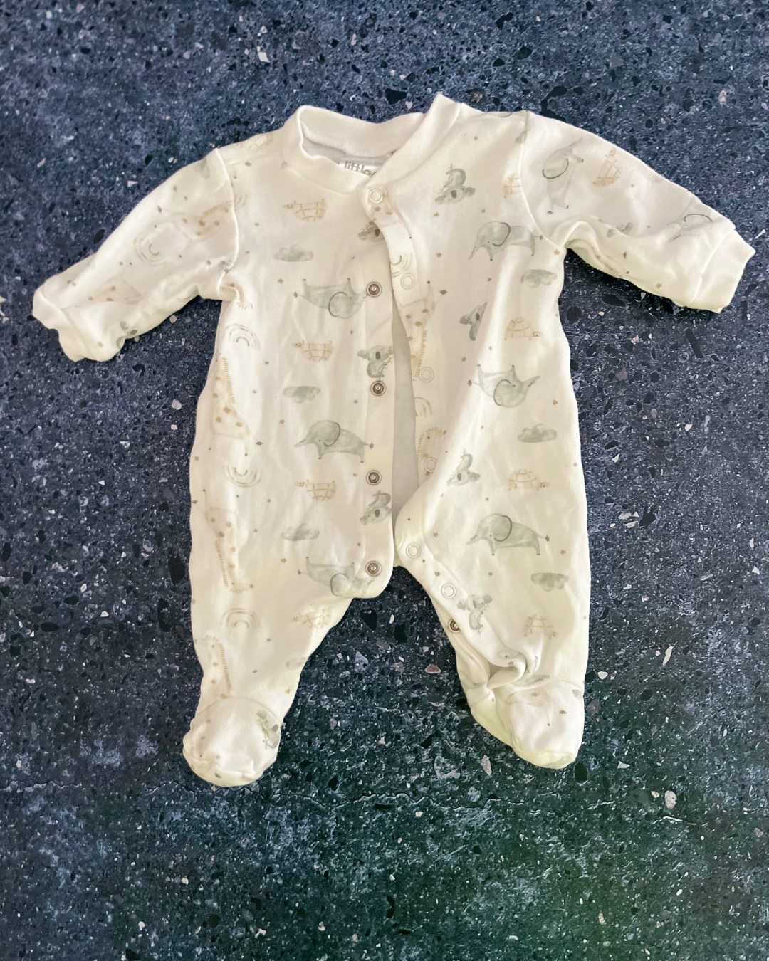 Little Ones white koala, elephants and giraffe onesie Newborn