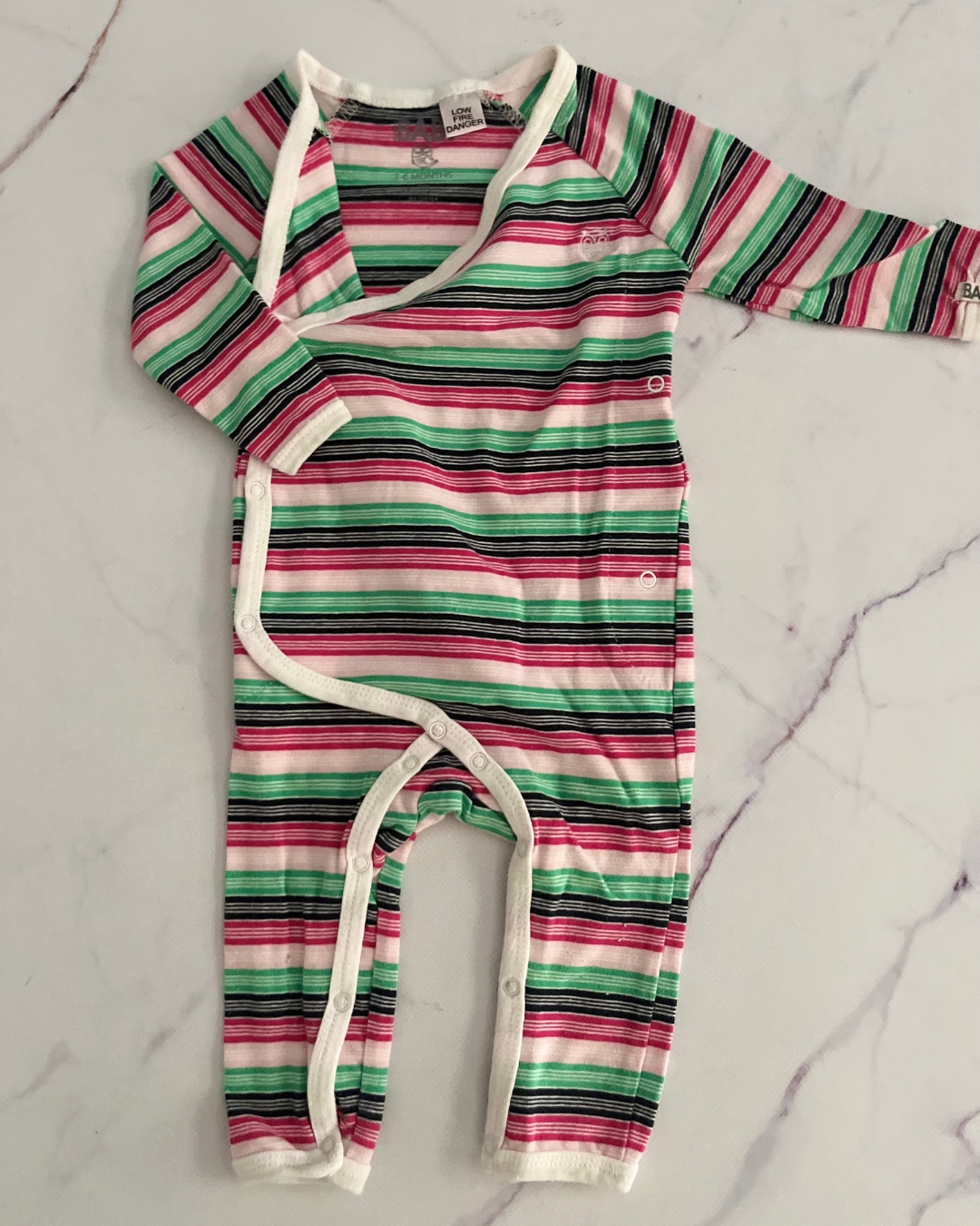 Cotton On long sleeve green, black, pink and beige striped onesie 3/6M