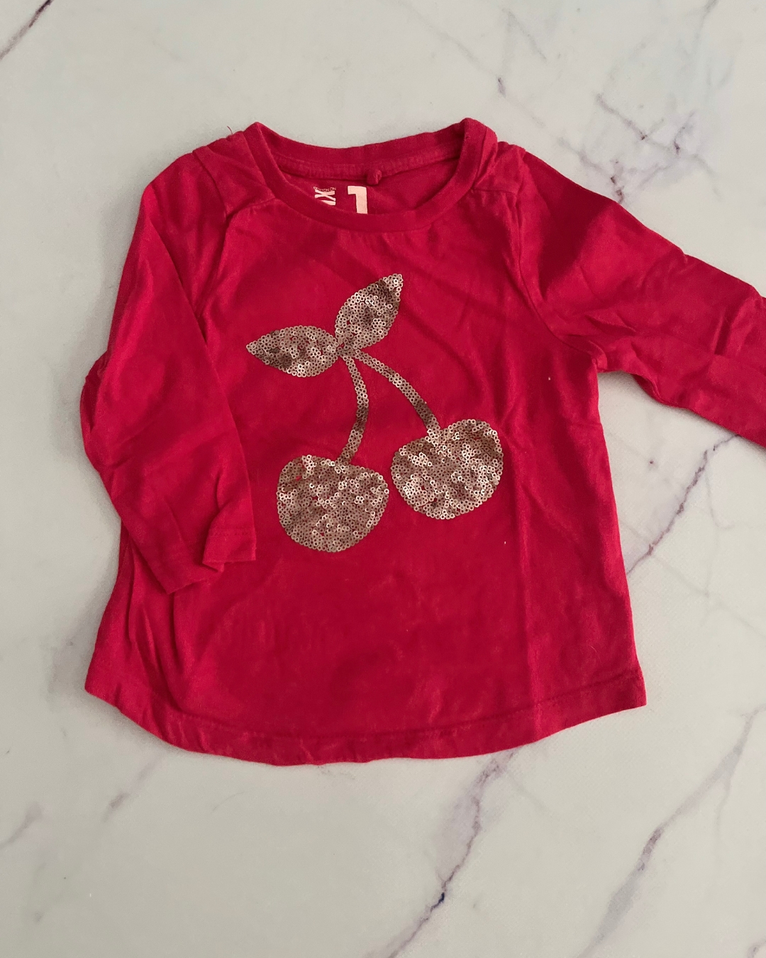 Cotton On pink long sleeve sequin cherry T shirt 1Y