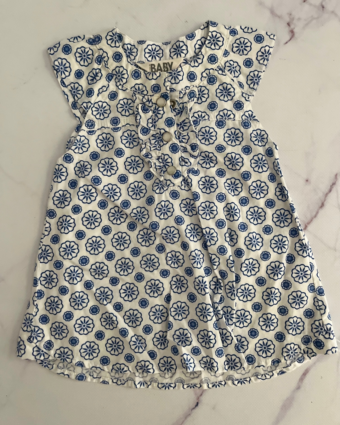 Cotton On white dress with blue flower pattern 0/3M